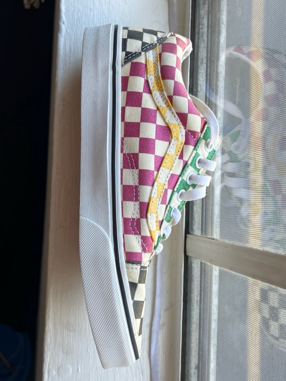 Vans Checkerboard Low-Top Sneakers in Pink, Yellow & Green